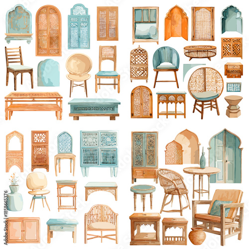 Watercolor illustration collection of vintage furniture and architectural door elements including chairs cabinets arches and shelves in warm pastel tones isolated on white background