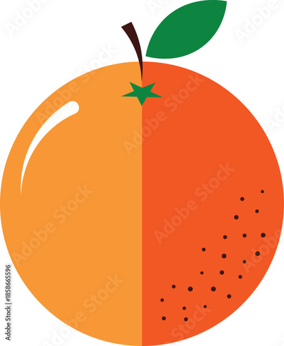 Stylized orange fruit with a green leaf and stem on a clean white background