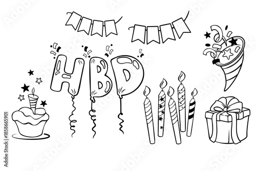 Birthday gift and party line icons set. Minimalistic, hand-drawn line illustrations of birthday gifts, balloons, candles and party elements.