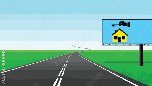 Road to home ownership concept showing a winding highway through green fields towards a billboard with house and key icons.