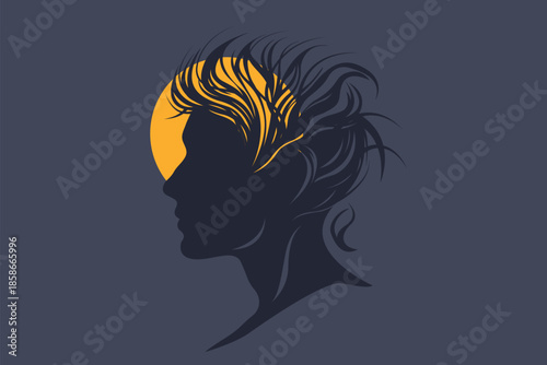 Human profile silhouette with golden sun rays transforming flowing hair, minimalist vector illustration symbolizing spiritual awakening, zen enlightenment, mind healing, psychology trauma recovery an