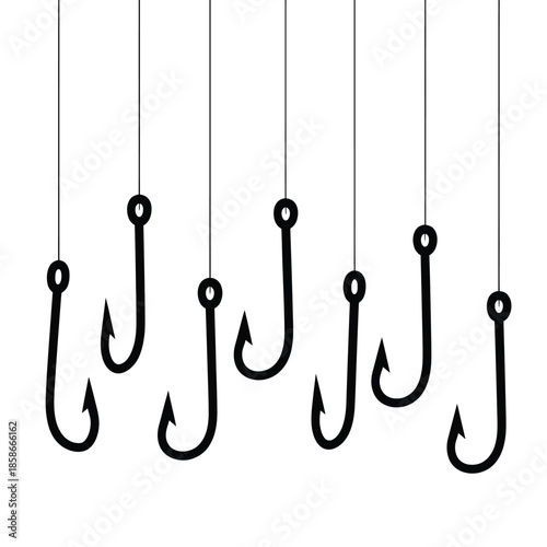 A collection of black fishing hooks hanging from thin lines on white