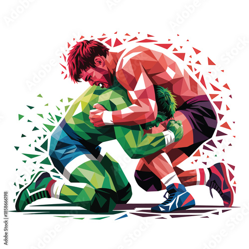 Intense wrestling match depicted in a vibrant polygonal art style