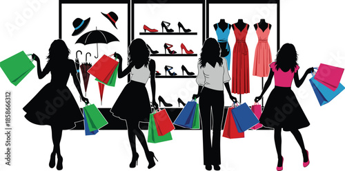 Silhouettes of stylish women holding colorful shopping bags in front of clothing store window display with shoes and summer dresses