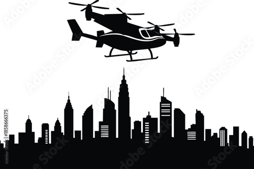 Cityscape Silhouette: Helicopter over City Skyline. Urban scene with aviation. Metropolitan transportation.
