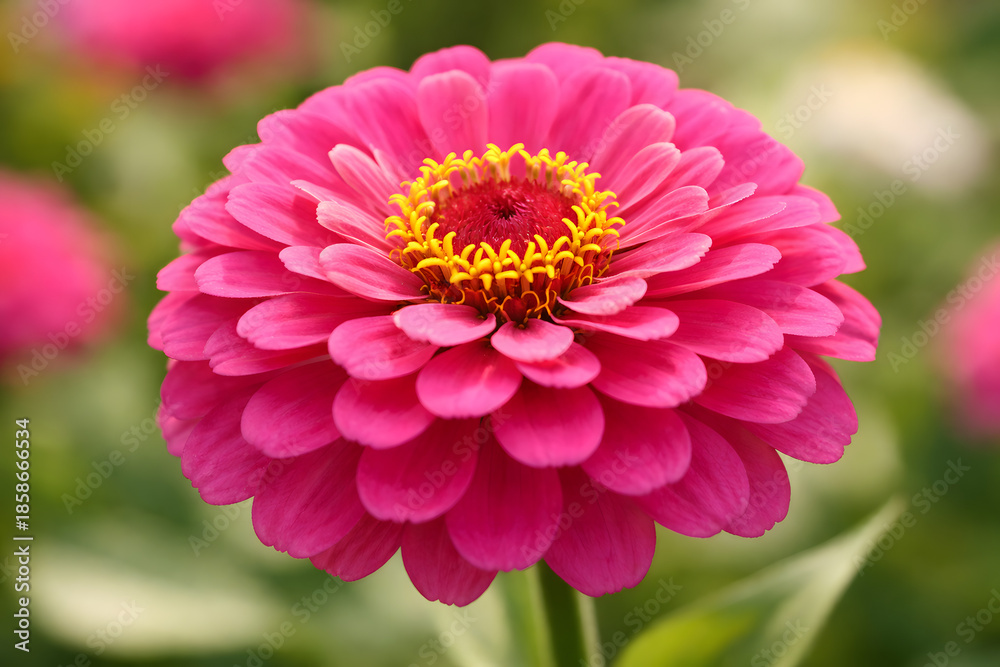 Fototapeta premium Vibrant Pink Zinnia Flower in Full Bloom, Detailed Petals and Yellow Center, Soft Bokeh Background, Garden Beauty.