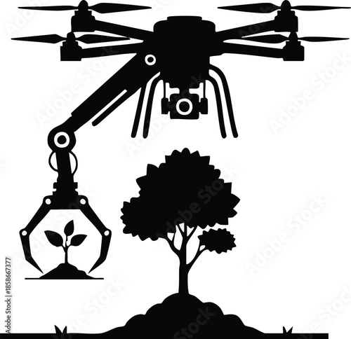 Agricultural Drone Icon. Planting tree with robotic arm. Precision agriculture concept.