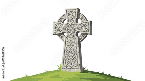 Majestic ancient Celtic cross made of intricately carved stone, standing proudly on a serene grassy hill.