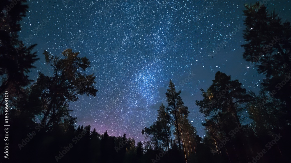 Fototapeta premium Bright stars fill the night sky above tall trees in a forest. The scene shows the beauty of nature in a dark setting highlighting the vastness above.