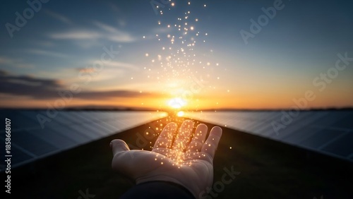Hand releasing radiant light over solar panels at sunset, symbolizing sustainable energy and a bright future with clean, renewable technology