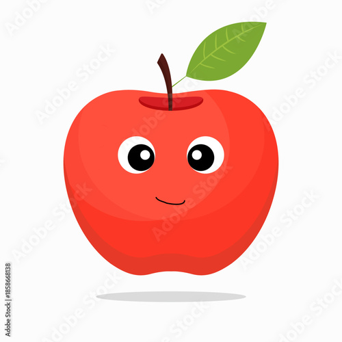 Cute flat cartoon apple character with smiling face, bright red color, green leaf, and soft shadow, isolated on white background for food branding, kids design, and sticker use