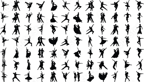 Dance silhouette collection, ballerina and couple dancer poses, artistic movement illustration set, modern ballet choreography figures, vector performance design