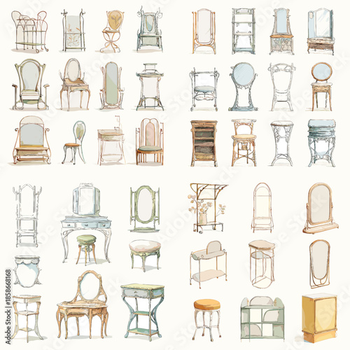 Hand painted watercolor illustration set of vintage wooden chairs in various classic styles arranged in a clean grid composition on white background suitable for interior and editorial use