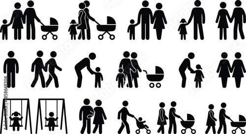 Family icon set, parents children walking together, stroller and playground silhouette collection, parenting activity symbols, simple vector illustration pack