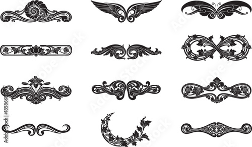 An assortment of ornate black filigree designs and flourishes arranged against a plain white background showcasing vintage aesthetics