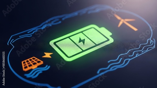 Sustainable energy concept renewable power from solar, wind, and hydro sources efficiently charges a glowing battery, symbolizing clean electricity for an eco-friendly future
