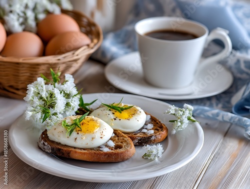 Delicious Breakfast with Poached Eggs on Toast and Coffee in Cozy Setting