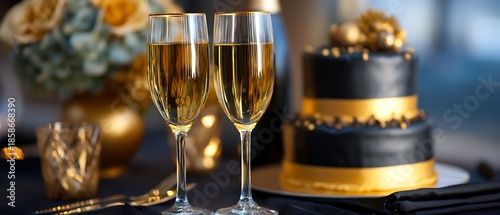 Elegant Celebration with Champagne Glasses and Luxurious Cake on Table Setting