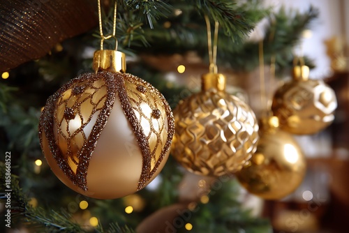 Elegant Christmas Ornaments on a Decorated Tree with Blurred Background