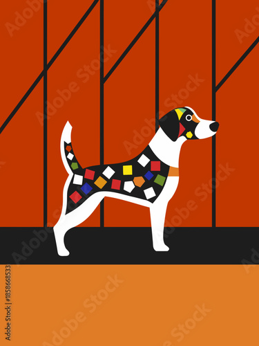 Dog real, full body , Stained Glass Style , rainbow color