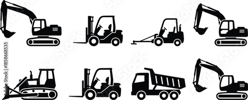 Construction machinery silhouettes, excavators, forklifts, bulldozer, dump truck, industrial vehicle icons, heavy equipment illustration set for building, engineering and logistics
