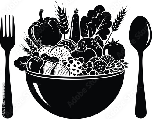 Bowl Illustration: Fresh Vegetables, Leafy Greens and Wheat. Healthy Lifestyle Concept.