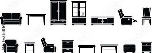 Furniture silhouette collection, sofa, table, wardrobe, recliner, cabinet, armchair, side table, modern home interior icons for design projects