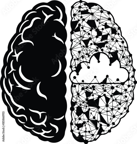 Brain Concept: Hemispheres and Thought. Neural network and anatomical illustration. Artificial intelligence, learning process.