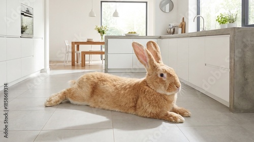 Enormous Flemish Giant Rabbit Resting Comfortably on a Modern Kitchen Floor, Bathed in Natural Light