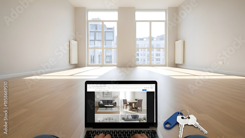 An empty room with a laptop and keys on the floor looking modern and ready for occupancy with a sense of new beginnings