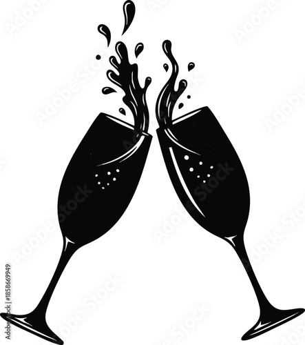 Toast illustration. Champagne glasses clinking with liquid splash. Celebration icon.