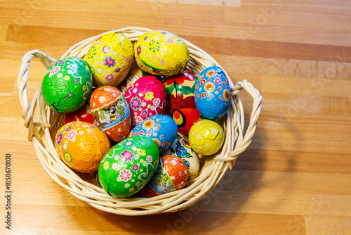 Wallpaper Mural Basket with Easter eggs on wooden table Torontodigital.ca