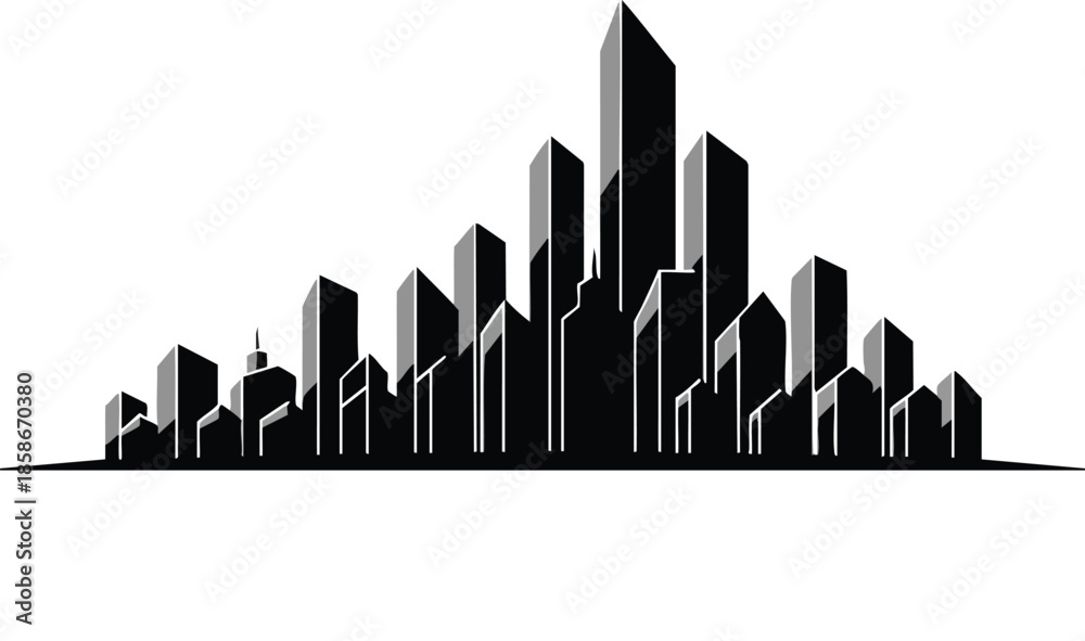 Fototapeta premium Cityscape Silhouette. Buildings with geometric shapes. Urban environment.