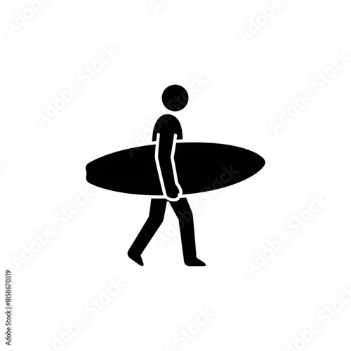 surfer silhouette icon walking with surfboard in flat black style
