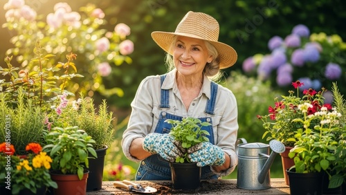 Happy senior woman gardening with potted plants and flowers