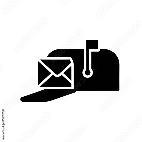 mailbox icon with envelope and notification flag in flat black style