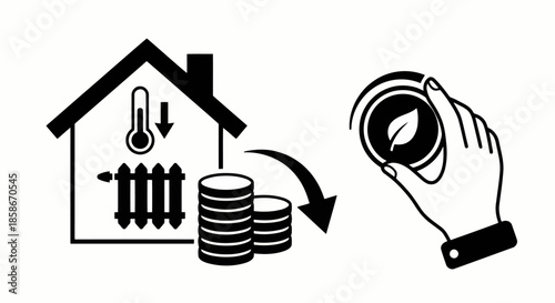 Energy saving concept with hand turning down smart heating thermostat showing leaf icon and coins illustrating cost reduction and ecology