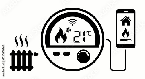 Smart home heating system controlled by mobile phone app showing digital thermostat radiator and wireless connectivity icons for comfort