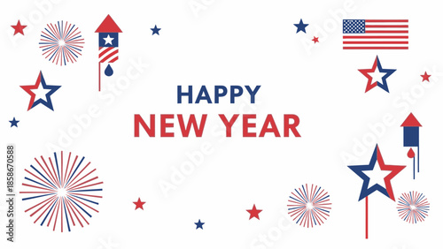 Flat lay of colorful fireworks and patriotic icons celebrating New Year USA America 2026 on a white background with red, white, and blue hues.