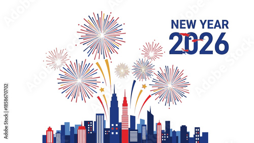 Flat design illustration of a New York City skyline celebrating New Year 2026 with fireworks exploding in red, white, and blue hues against a clean white background.