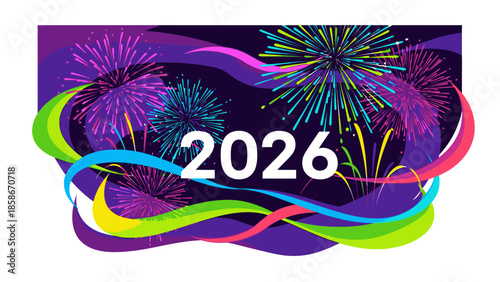 Vibrant graphic design celebrating New Year 2026 with colorful fireworks and swirling ribbons in purple hues against a white background.