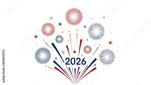 Colorful fireworks exploding around the year 2026 in red, white, and blue hues, celebrating New Year in the USA or America.