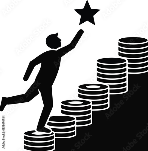 Vector: Reaching for goals. Person climbing stack of coins to reach a star. Achieving success concept.