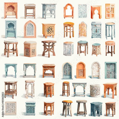 Vintage furniture and arched niche illustration set featuring rustic wooden cabinets stools tables and wall alcoves in soft watercolor style arranged as a decorative interior collection.