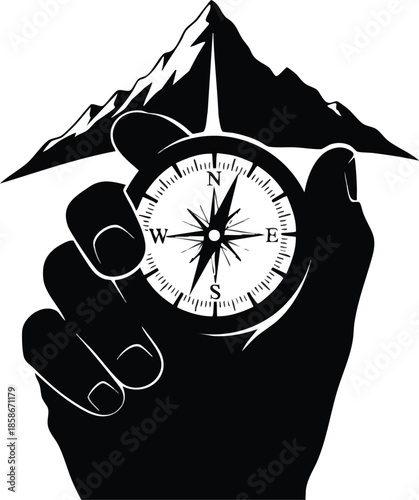 Journey symbol: Hand holding compass with mountain. Exploration, travel and hiking concept.