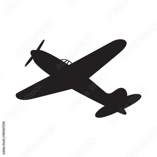 A simple black silhouette of a vintage propeller airplane in flight