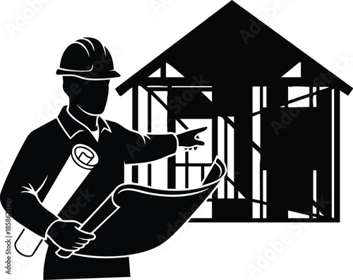 Construction engineer icon. Blueprint, building structure, man in hardhat. Real estate concept.