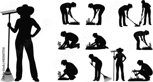 Gardening silhouette set of women working planting weeding raking digging outdoor garden agriculture concept isolated black vector illustration design collection