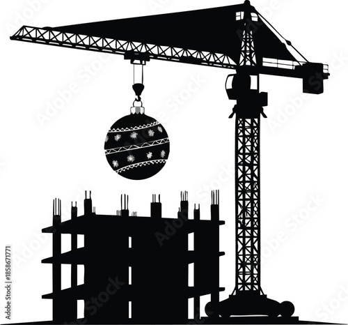 Construction holiday graphic. Tower crane silhouettes holding a christmas bauble. Festive season greeting.