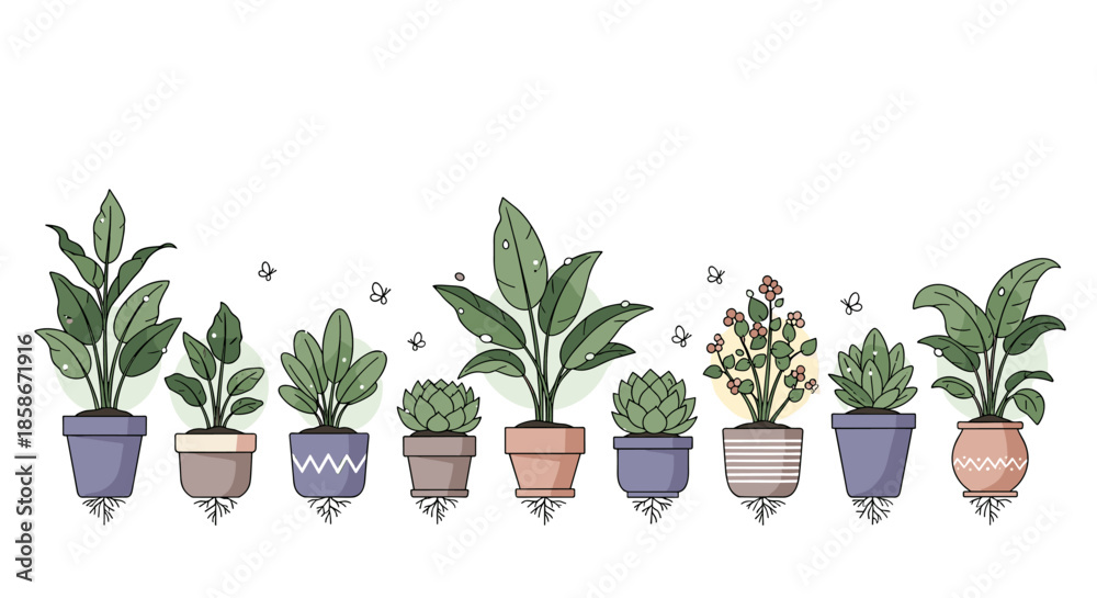Fototapeta premium Various types of green indoor potted plants with visible root systems arranged in a row on a white background scene.